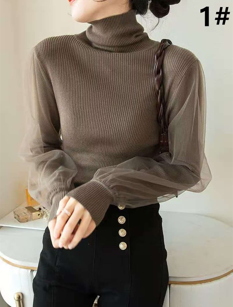 カットソー 秋冬新作 ハイネック ニットトップス チュール袖 長袖 セーター
