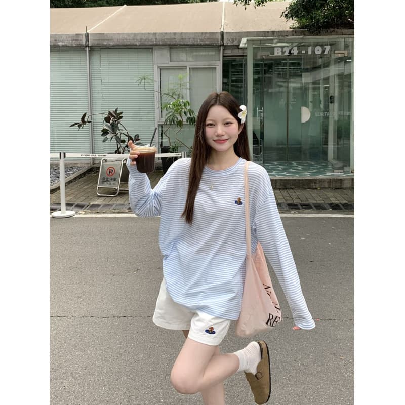 カットソー ゆったりワンポイント刺繍ボーダー長袖