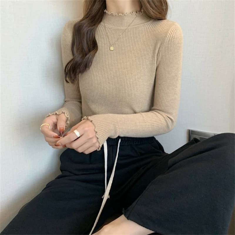 カットソー リブ編み袖口フリル モックネックカットソー