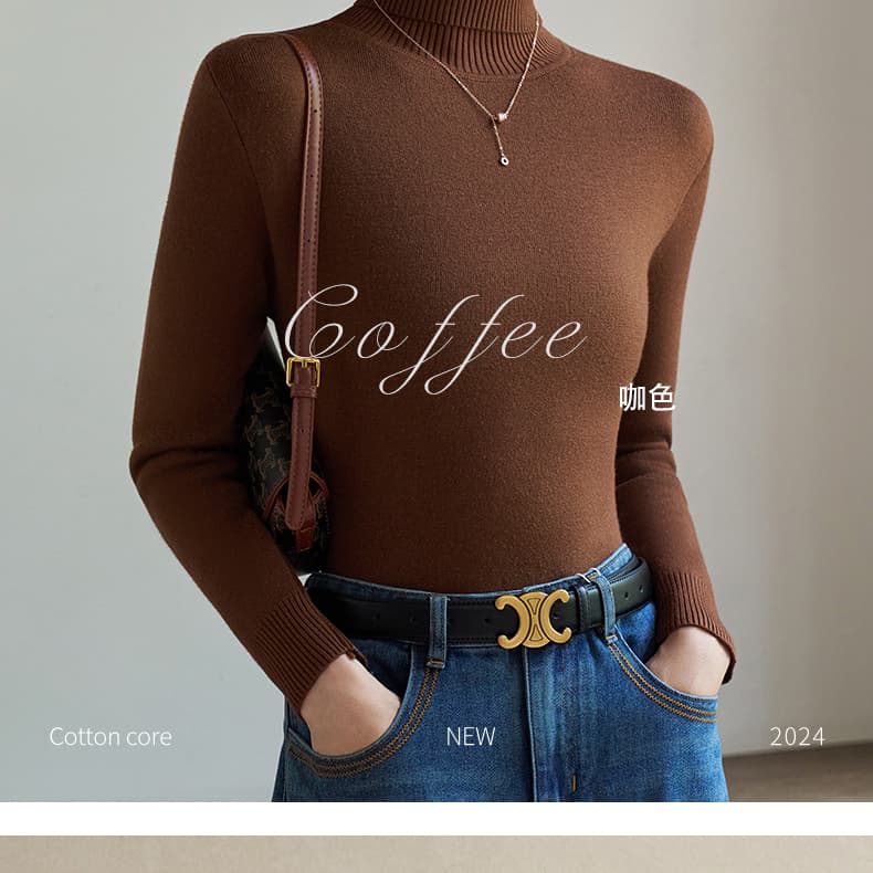 カットソー リブ編み長袖ハイネック無地カットソー