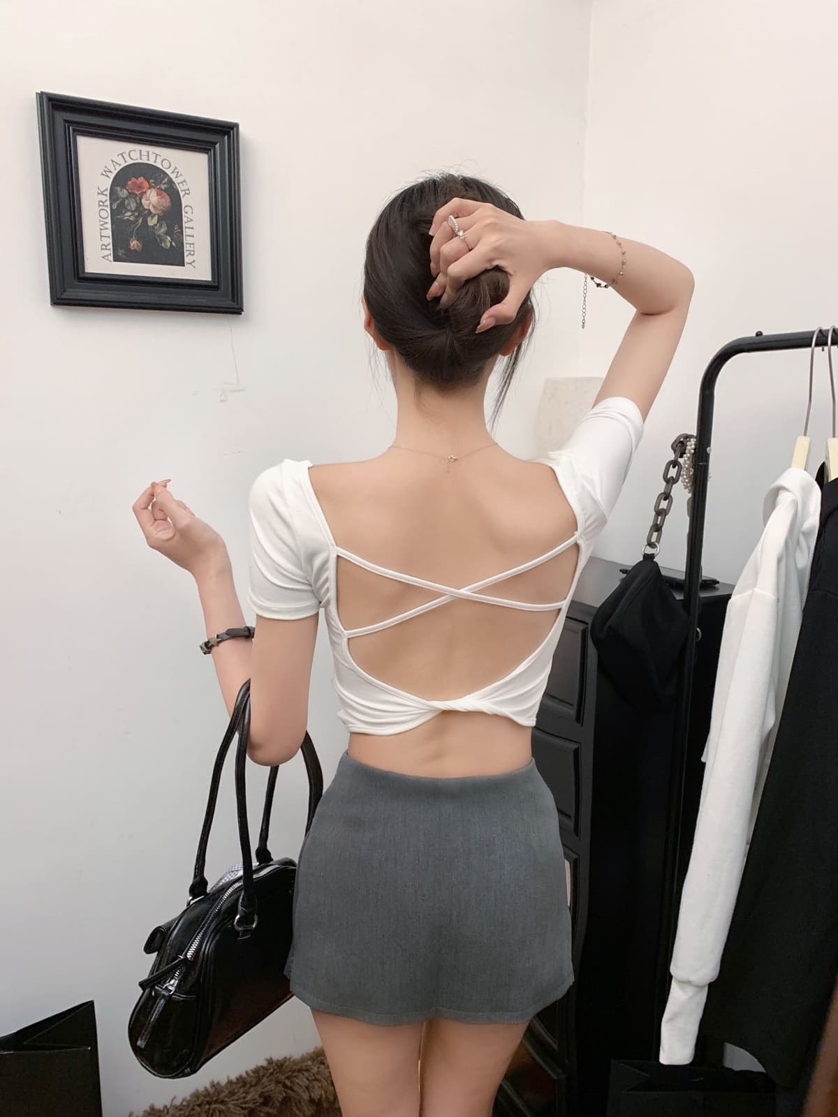 カットソー バッククロス ボートネック ショート丈