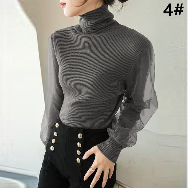 カットソー 秋冬新作 ハイネック ニットトップス チュール袖 長袖 セーター
