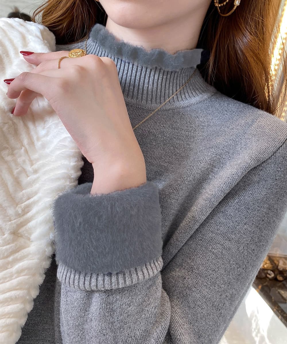 カットソー 裏起毛メロウ編みハイネックニットトップス