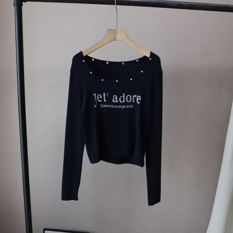 韓国風長袖カットソー パール飾り付きトップス 2色展開