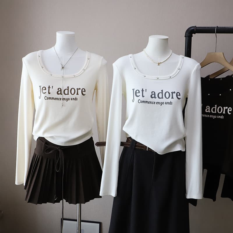 韓国風長袖カットソー パール飾り付きトップス 2色展開