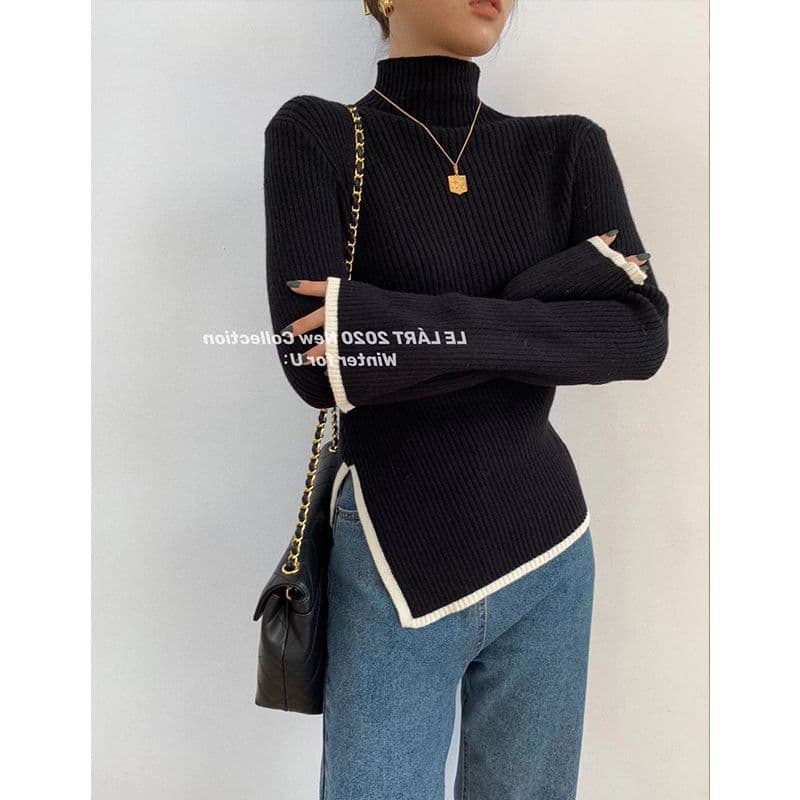 カットソー 配色切り替えリブ編みハイネック長袖カットソー