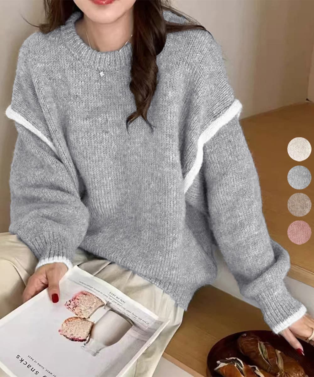 カットソー 長袖ゆったりニット丸首セーター体型カバー冬服