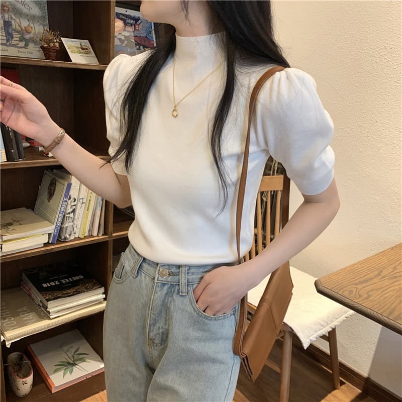 カットソー 優美パフスリーブハイネック