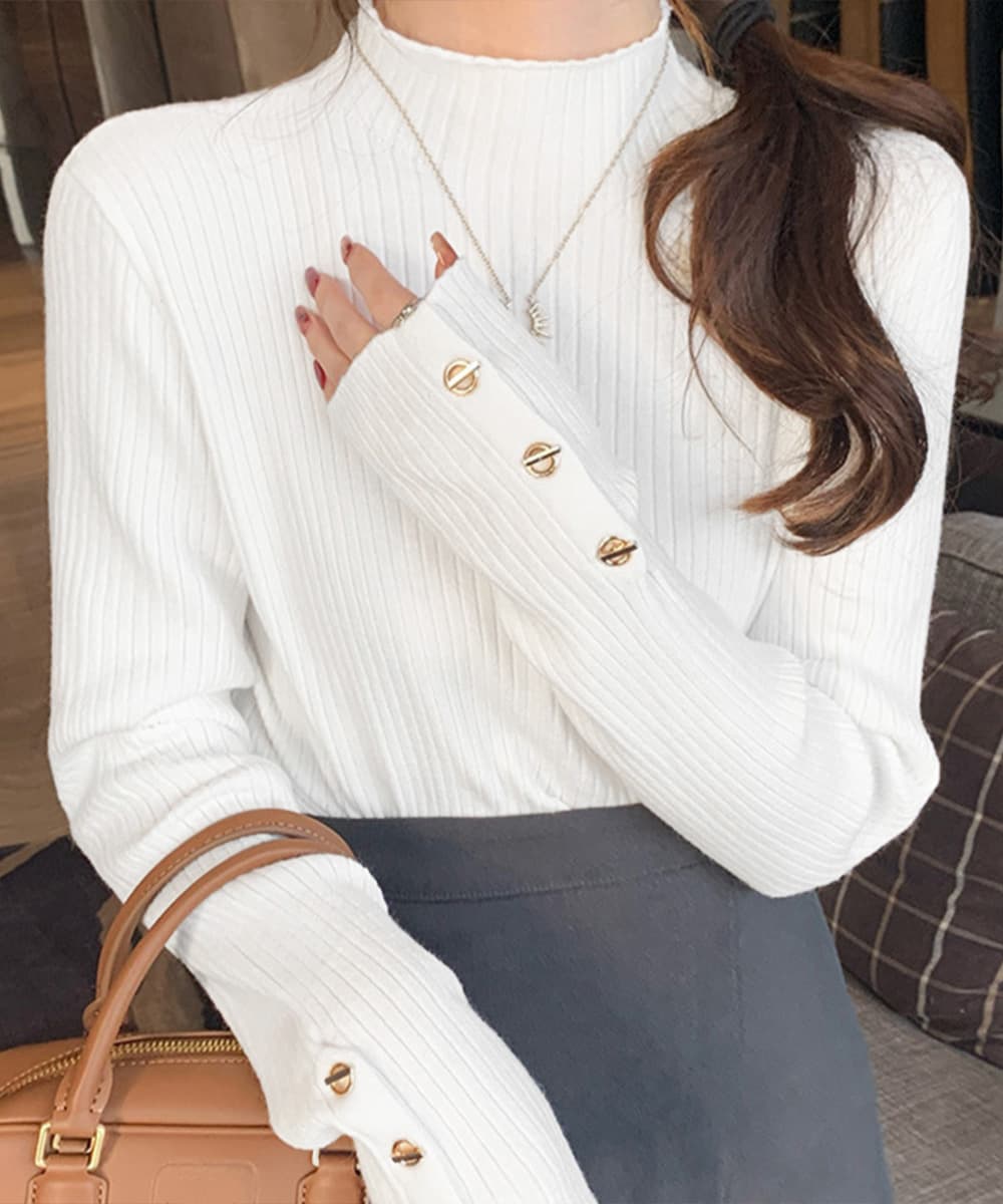 ハイネック リブニット 袖ボタン カットソー 長袖