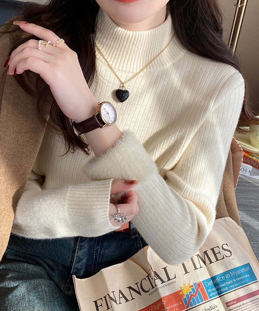 カットソー 裏起毛ハイネックニット 厚手リブ編み長袖