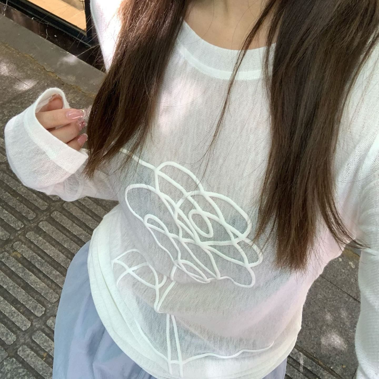 カットソー 花モチーフ透かし編みカットソー