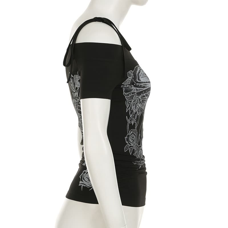 カットソー ダーク系ローズ柄 ボートネック リボン肩飾りタイトトップス