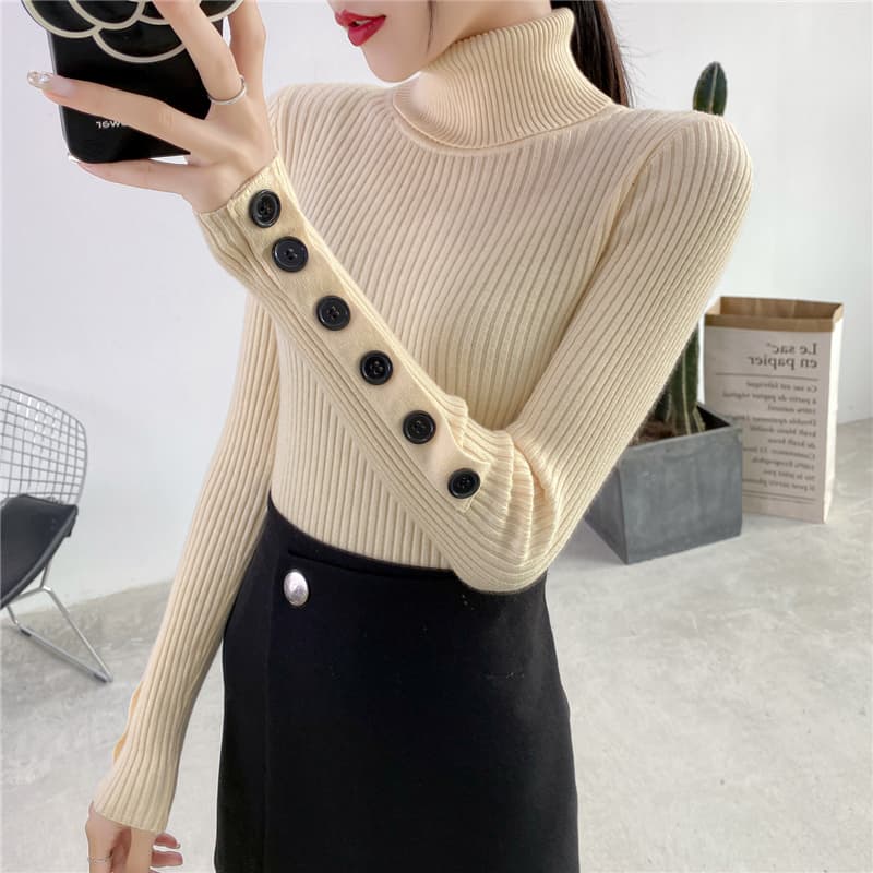 カットソー 斜めボタンデザインリブ編みハイネックカットソー