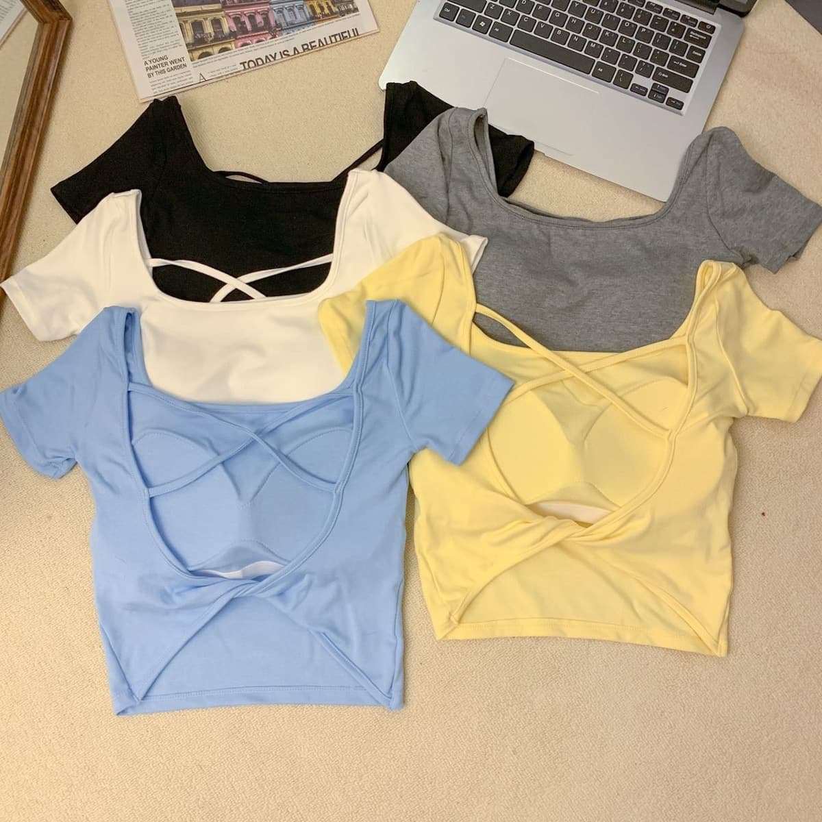 カットソー バッククロス ボートネック ショート丈