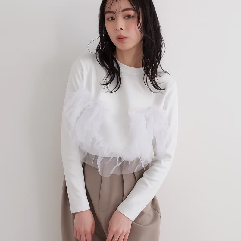 韓国風チュール付き長袖カットソー レディース 2色展開