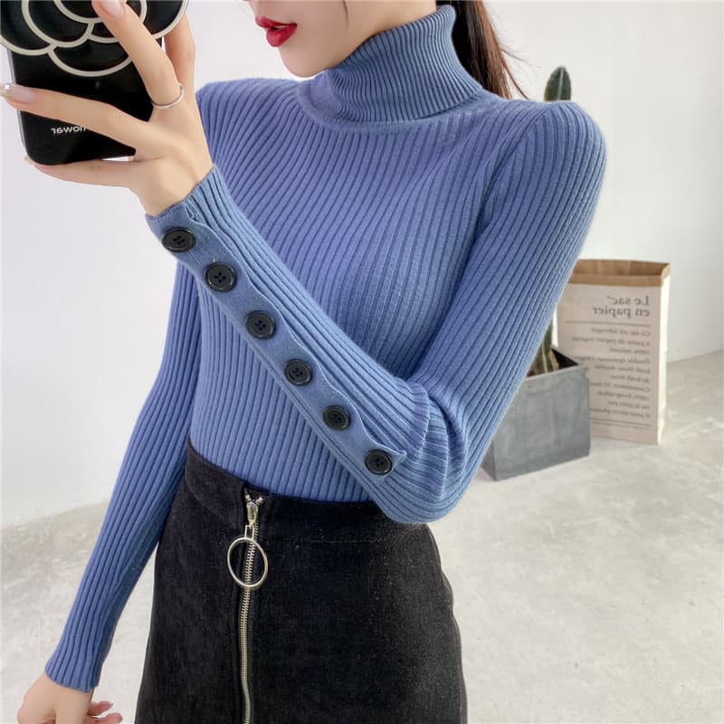 カットソー 斜めボタンデザインリブ編みハイネックカットソー