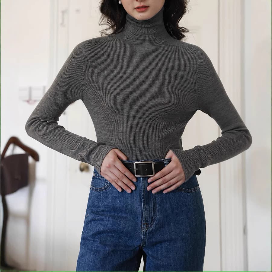 カットソー 縦リブ編みすっきりシルエットハイネックカットソー