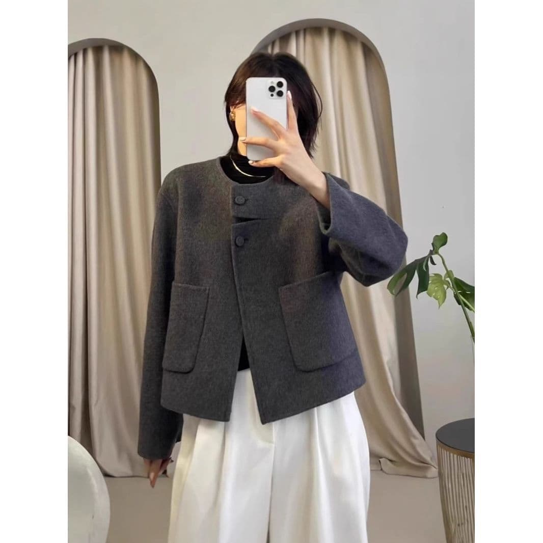 カットソー ノーカラージャケット風ニットカーディガン長袖