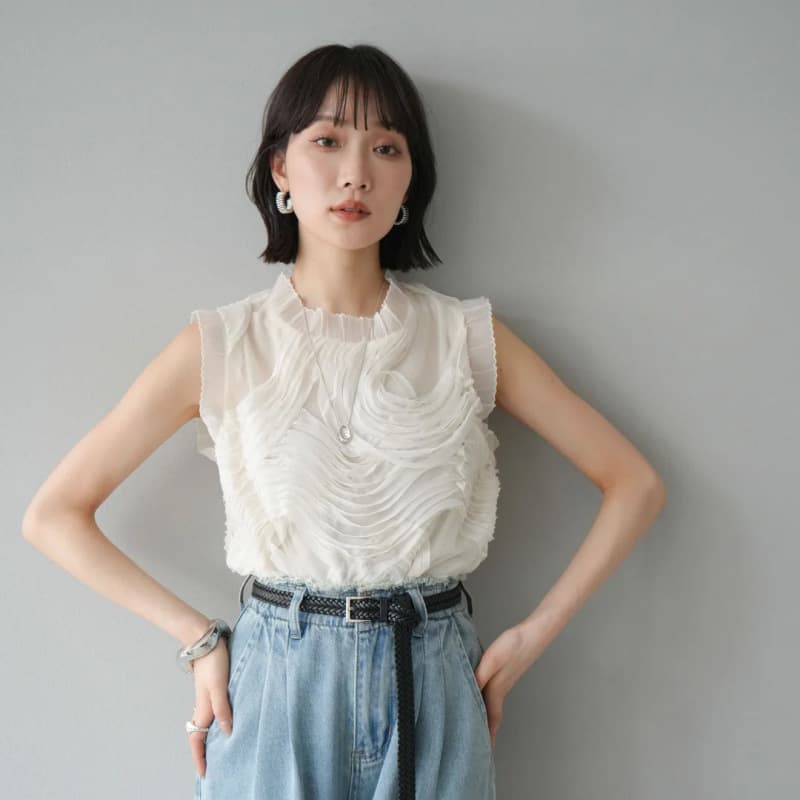 カットソー フリル襟 シアー半袖トップス 全3色