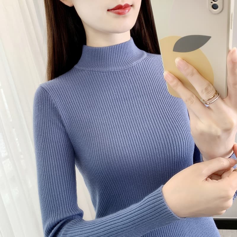 カットソー リブ編みハイネック長袖カットソー