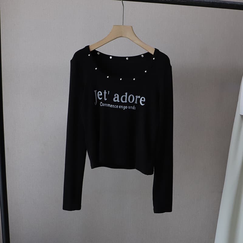 韓国風長袖カットソー パール飾り付きトップス 2色展開