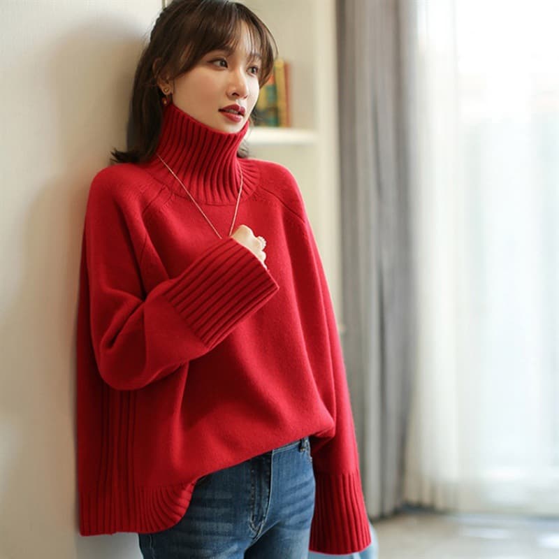 カットソー 上質ニット素材のゆったりハイネックカットソー