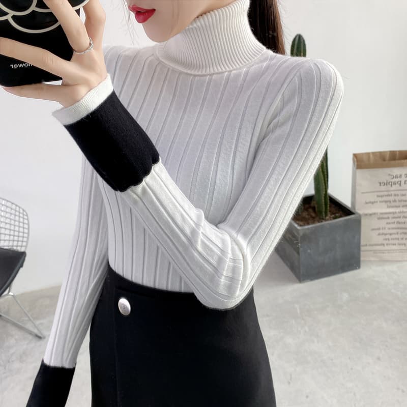 カットソー 配色切替リブ編みハイネックカットソー